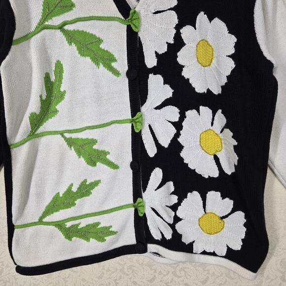 VTG Storybook Knits Cardigan Sweater sz 1X White Black Green Floral Colorblock - Picture 3 of 15